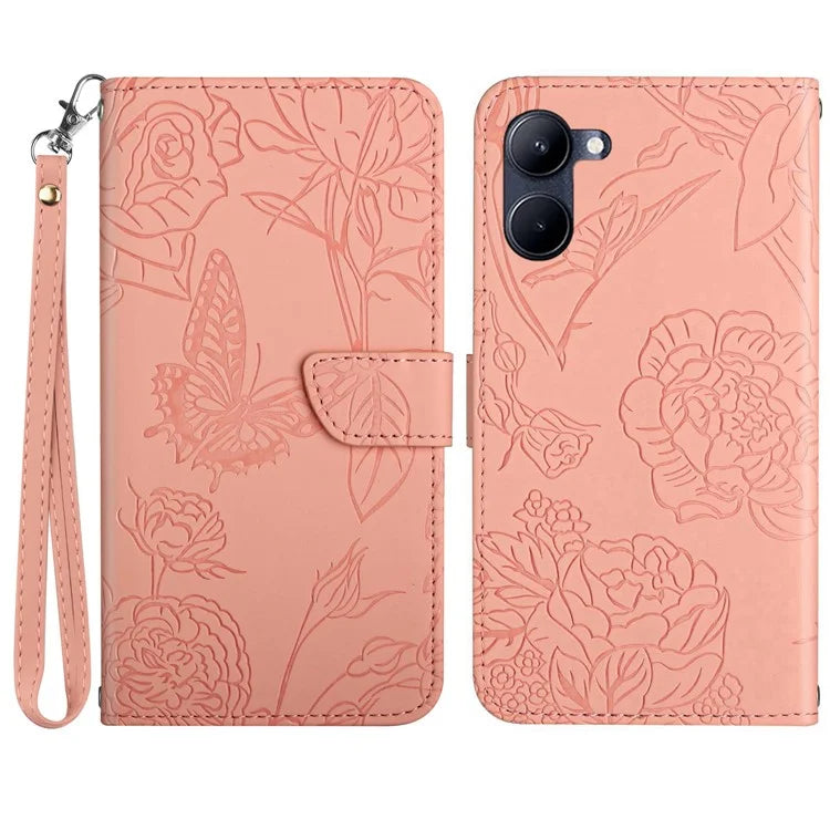 HT03 For vivo Y03 Leather Case Butterfly Flower Phone Wallet Cover with Hand Strap