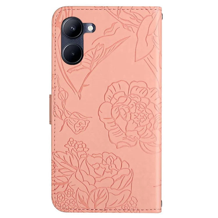 HT03 For vivo Y03 Leather Case Butterfly Flower Phone Wallet Cover with Hand Strap
