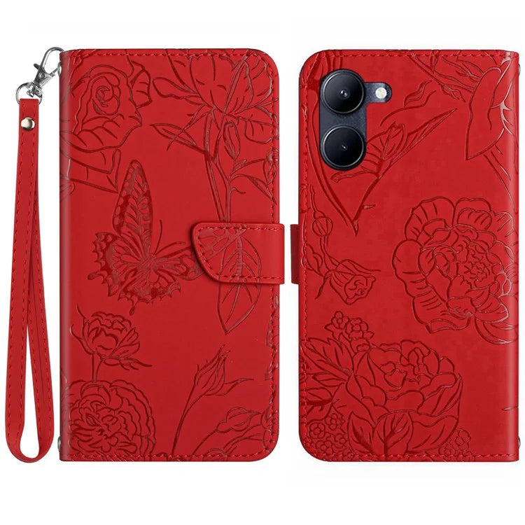 HT03 For vivo Y03 Leather Case Butterfly Flower Phone Wallet Cover with Hand Strap