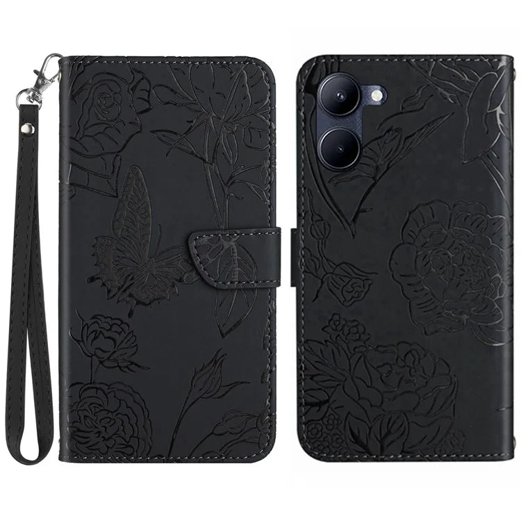 HT03 For vivo Y03 Leather Case Butterfly Flower Phone Wallet Cover with Hand Strap