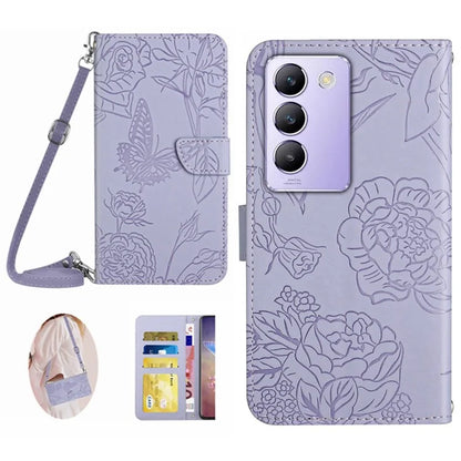 HT03 For vivo Y200e 5G / T3 5G (India) / Y100 5G (Indonesia) / V30 Lite 5G (India) Case Butterfly Leather Phone Cover with Strap