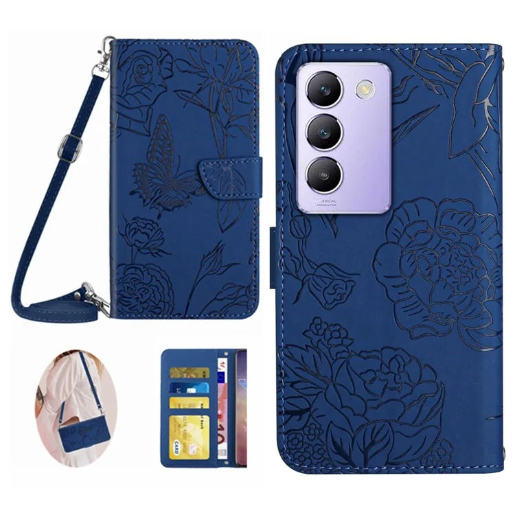 HT03 For vivo Y200e 5G / T3 5G (India) / Y100 5G (Indonesia) / V30 Lite 5G (India) Case Butterfly Leather Phone Cover with Strap