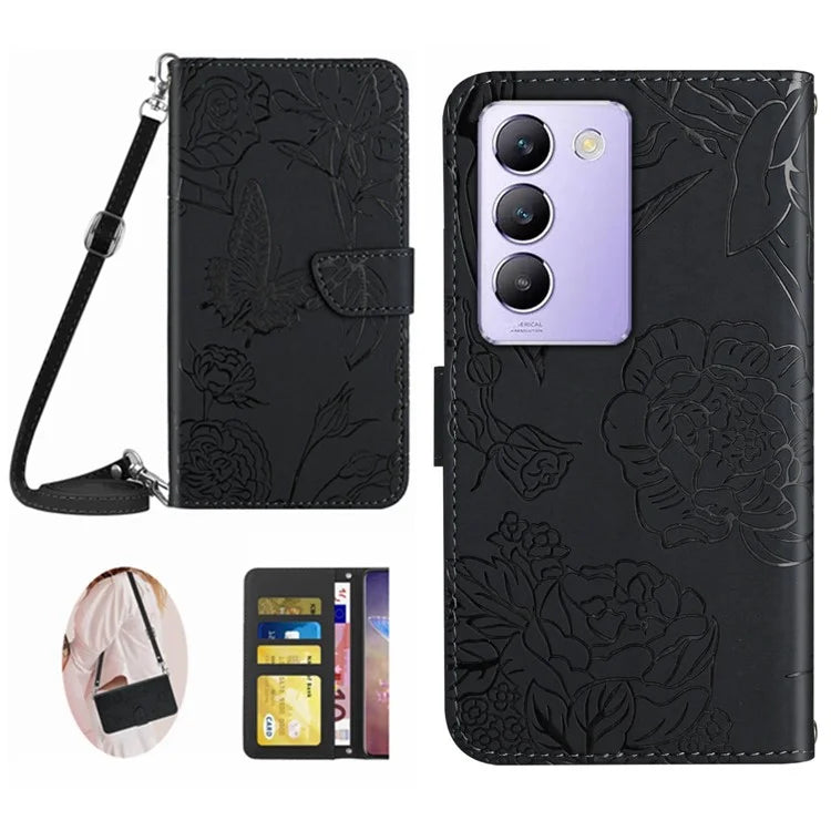 HT03 For vivo Y200e 5G / T3 5G (India) / Y100 5G (Indonesia) / V30 Lite 5G (India) Case Butterfly Leather Phone Cover with Strap