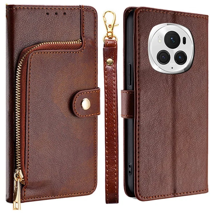 For Honor Magic6 Pro 5G Shockproof Phone Case Zipper Pocket Wallet Leather Cover