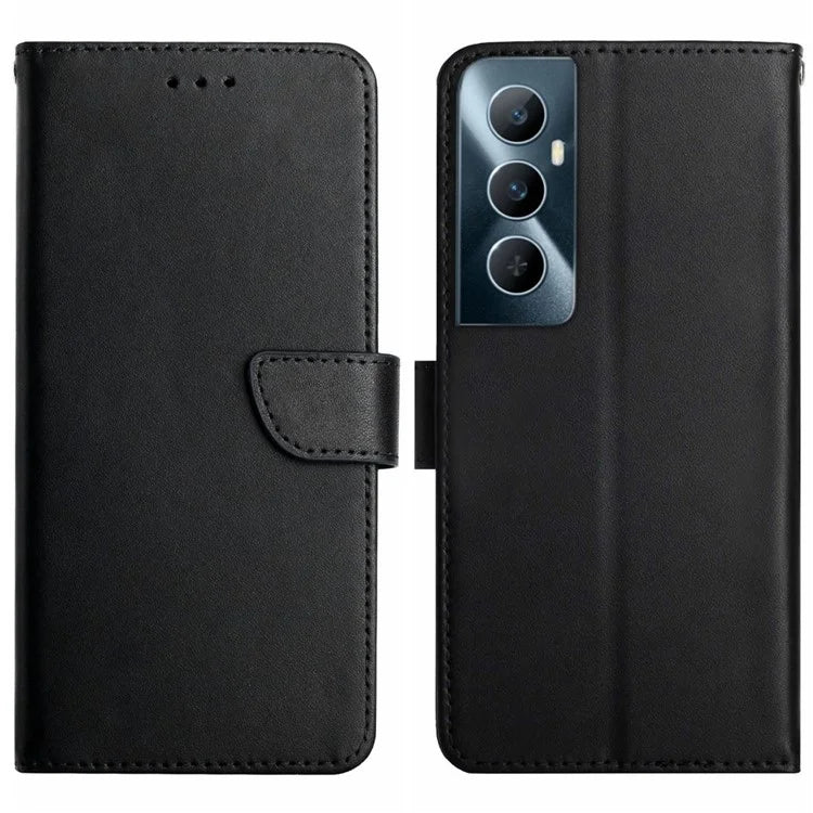 HT02 For Realme C65 4G Wallet Phone Cases Nappa Texture Genuine Cow Leather Stand Cover