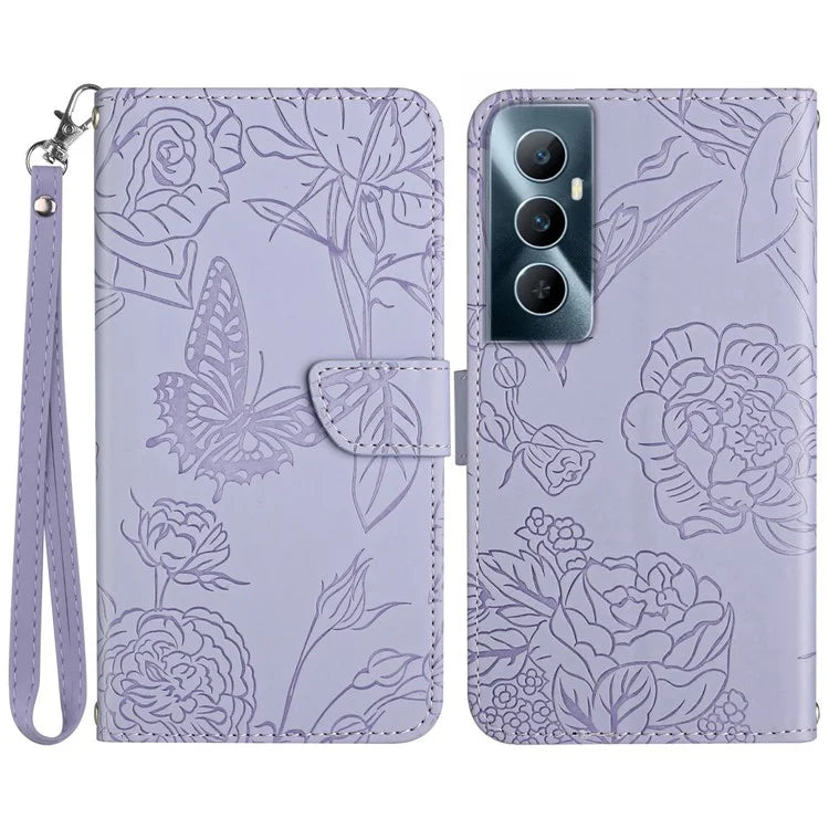 HT03 For Realme C65 4G PU Leather Phone Stand Case Imprinted Pattern Phone Wallet Cover with Hand Strap