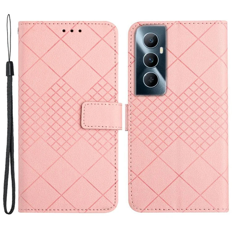 HT06 For Realme C65 4G Wallet Phone Case Rhombus Pattern Imprinted Flip Cover