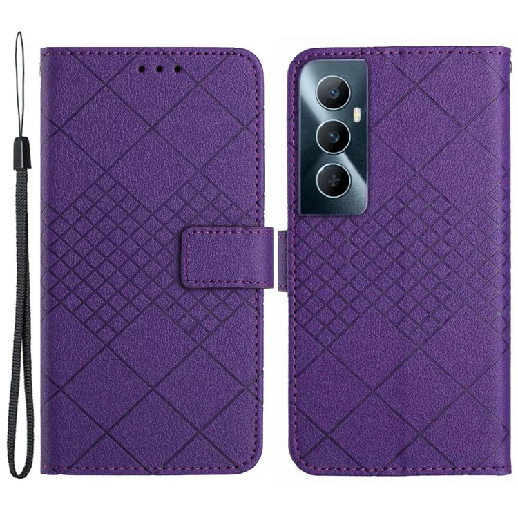 HT06 For Realme C65 4G Wallet Phone Case Rhombus Pattern Imprinted Flip Cover