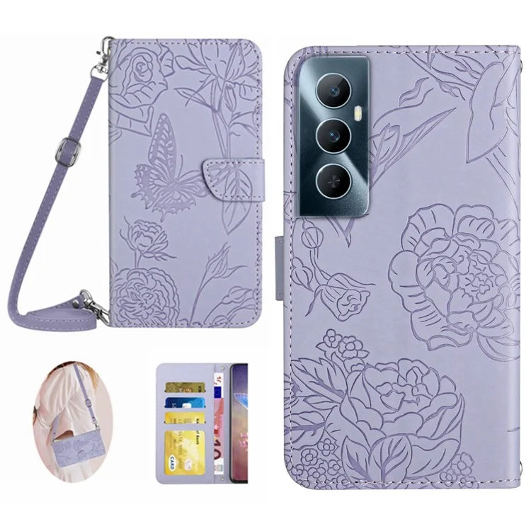 HT03 For Realme C65 4G Case Butterfly Pattern Skin-touch Feeling Leather Phone Cover with Shoulder Strap