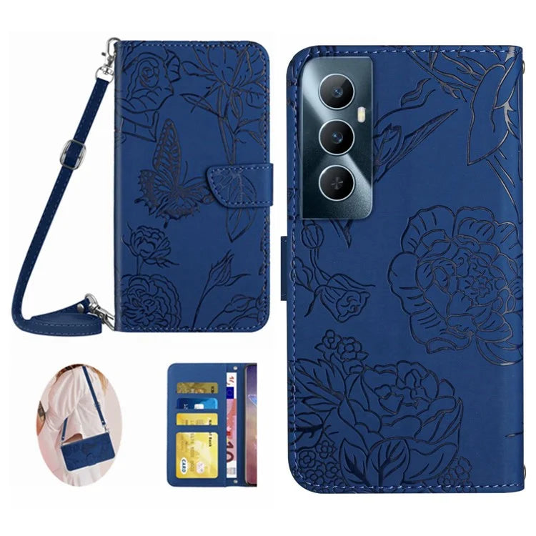 HT03 For Realme C65 4G Case Butterfly Pattern Skin-touch Feeling Leather Phone Cover with Shoulder Strap