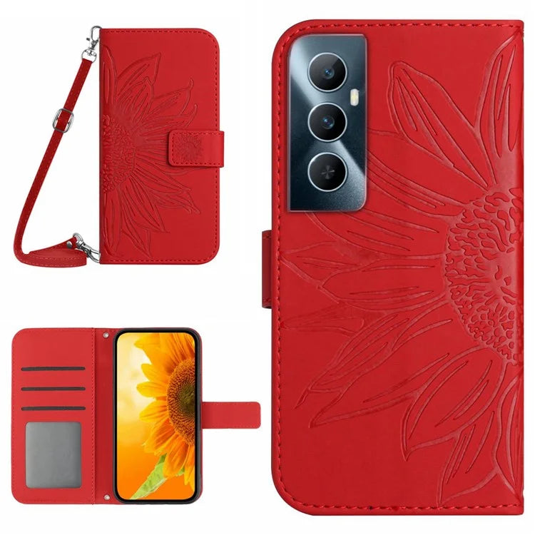 HT04 For Realme C65 4G Wallet Phone Stand Case Sunflower PU Leather Cell Phone Cover