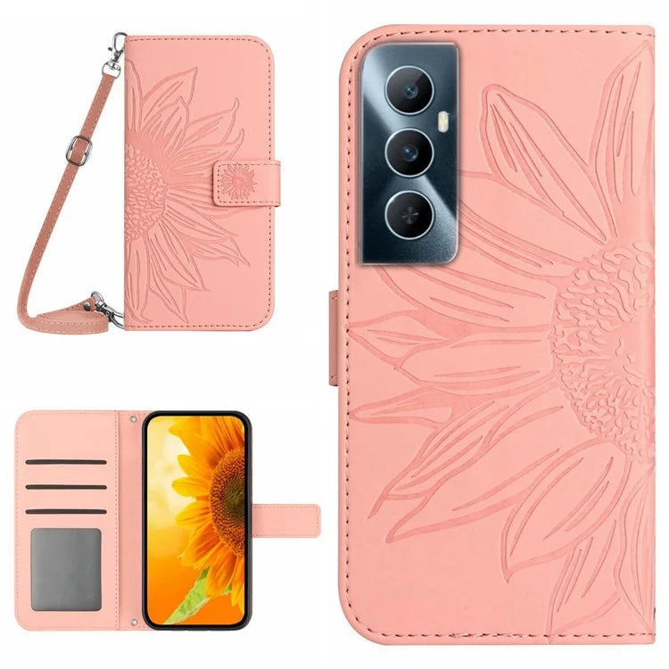 HT04 For Realme C65 4G Wallet Phone Stand Case Sunflower PU Leather Cell Phone Cover
