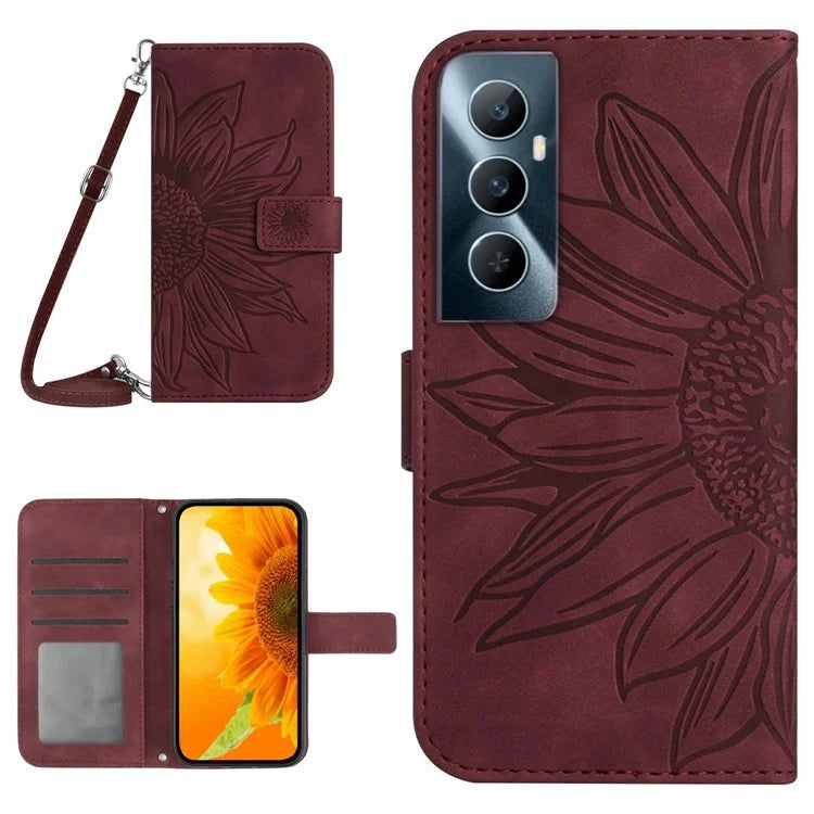 HT04 For Realme C65 4G Wallet Phone Stand Case Sunflower PU Leather Cell Phone Cover