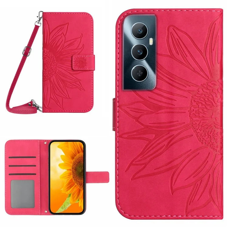 HT04 For Realme C65 4G Wallet Phone Stand Case Sunflower PU Leather Cell Phone Cover