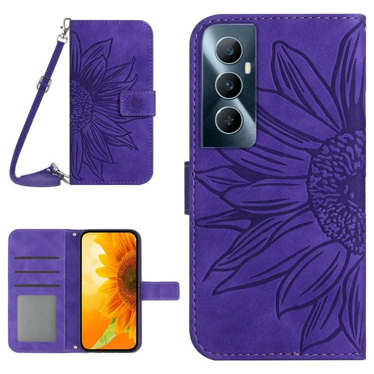 HT04 For Realme C65 4G Wallet Phone Stand Case Sunflower PU Leather Cell Phone Cover