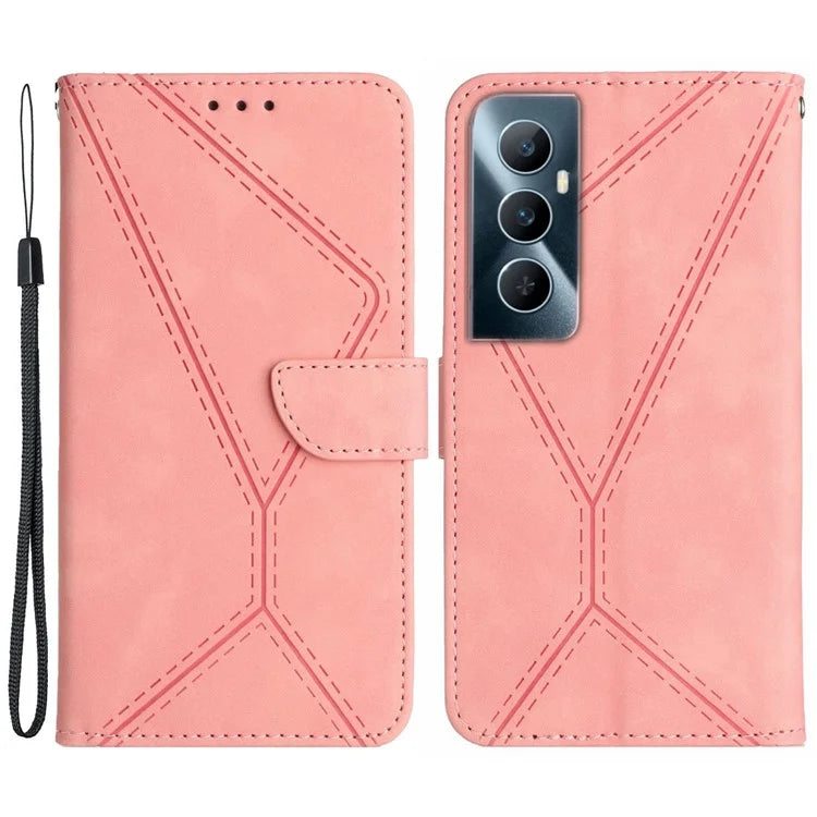 HT05 For Realme C65 4G Case Lines Imprinted PU Leather Anti-fall Phone Cover
