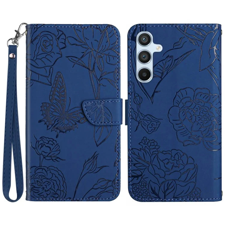 HT03 For Samsung Galaxy M55 5G / C55 5G / F55 5G Case Butterfly Flower Leather Wallet Phone Cover with Wrist Strap