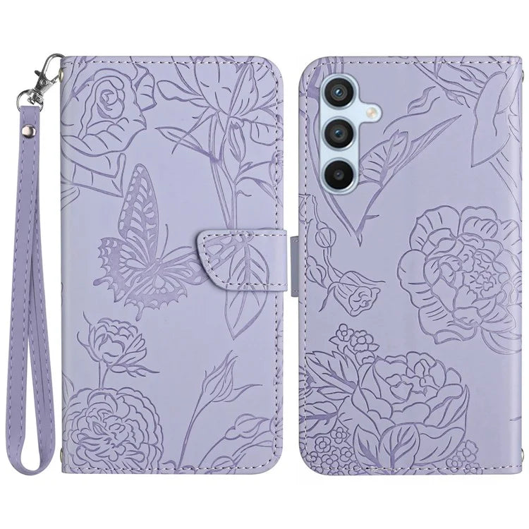 HT03 For Samsung Galaxy M55 5G / C55 5G / F55 5G Case Butterfly Flower Leather Wallet Phone Cover with Wrist Strap