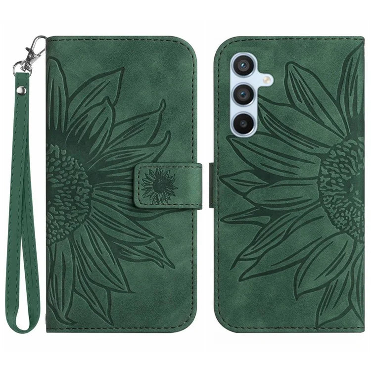 HT04 For Samsung Galaxy M55 5G / C55 5G / F55 5G Leather Case Sunflower Pattern Phone Cover with Wrist Strap
