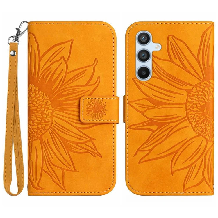 HT04 For Samsung Galaxy M55 5G / C55 5G / F55 5G Leather Case Sunflower Pattern Phone Cover with Wrist Strap