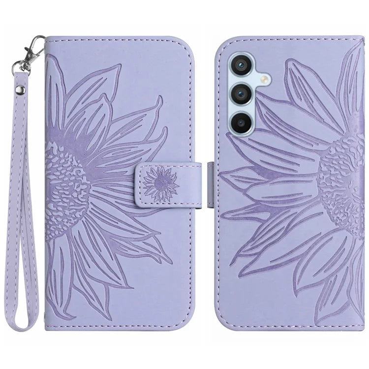 HT04 For Samsung Galaxy M55 5G / C55 5G / F55 5G Leather Case Sunflower Pattern Phone Cover with Wrist Strap