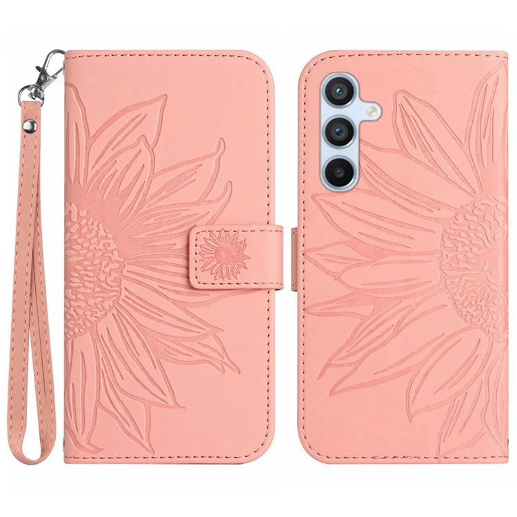 HT04 For Samsung Galaxy M55 5G / C55 5G / F55 5G Leather Case Sunflower Pattern Phone Cover with Wrist Strap