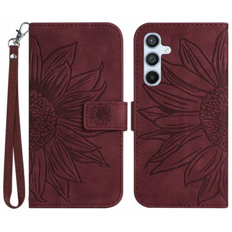 HT04 For Samsung Galaxy M55 5G / C55 5G / F55 5G Leather Case Sunflower Pattern Phone Cover with Wrist Strap