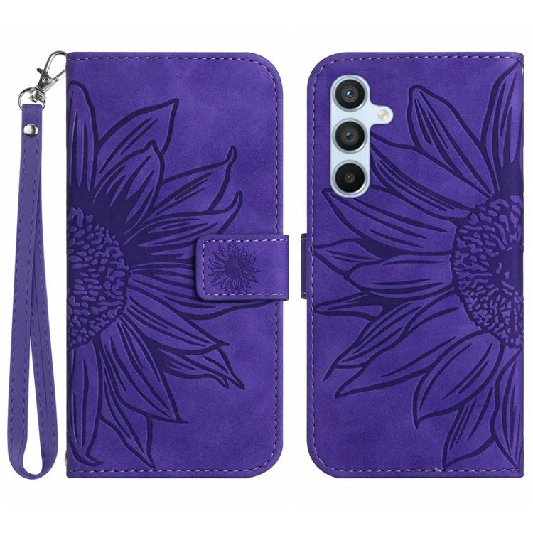 HT04 For Samsung Galaxy M55 5G / C55 5G / F55 5G Leather Case Sunflower Pattern Phone Cover with Wrist Strap