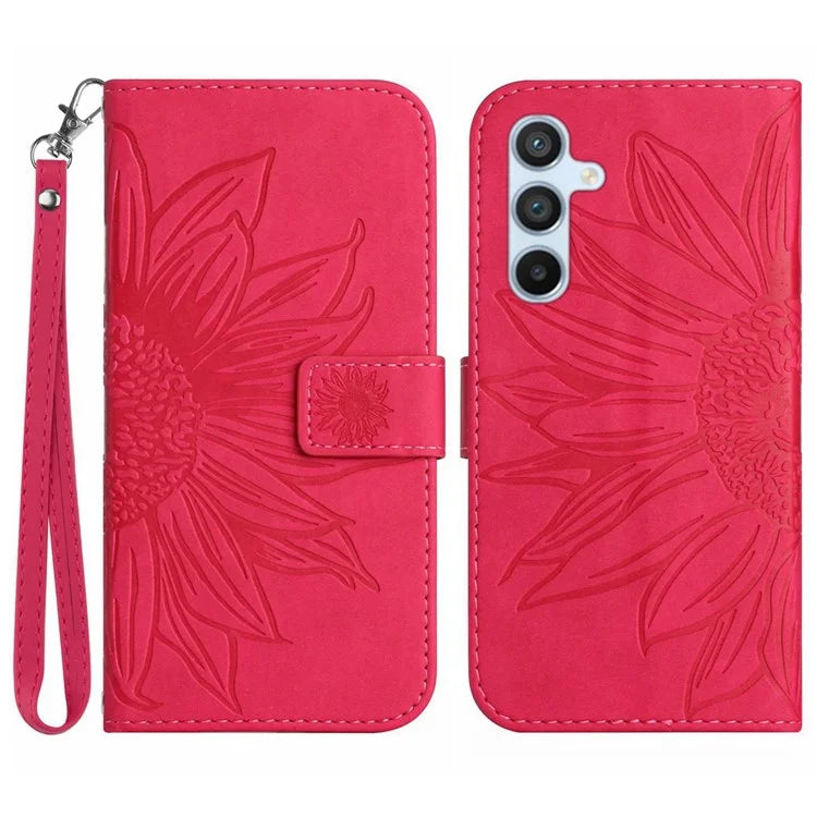 HT04 For Samsung Galaxy M55 5G / C55 5G / F55 5G Leather Case Sunflower Pattern Phone Cover with Wrist Strap