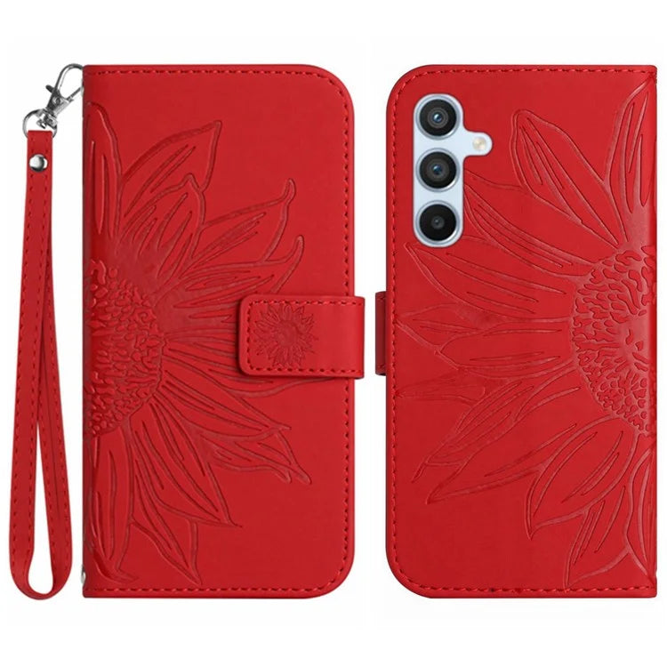 HT04 For Samsung Galaxy M55 5G / C55 5G / F55 5G Leather Case Sunflower Pattern Phone Cover with Wrist Strap
