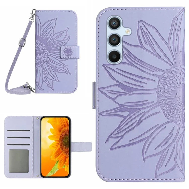 HT04 For Samsung Galaxy M55 5G / C55 5G / F55 5G Case Sunflower PU Leather+TPU Phone Cover with Shoulder Strap