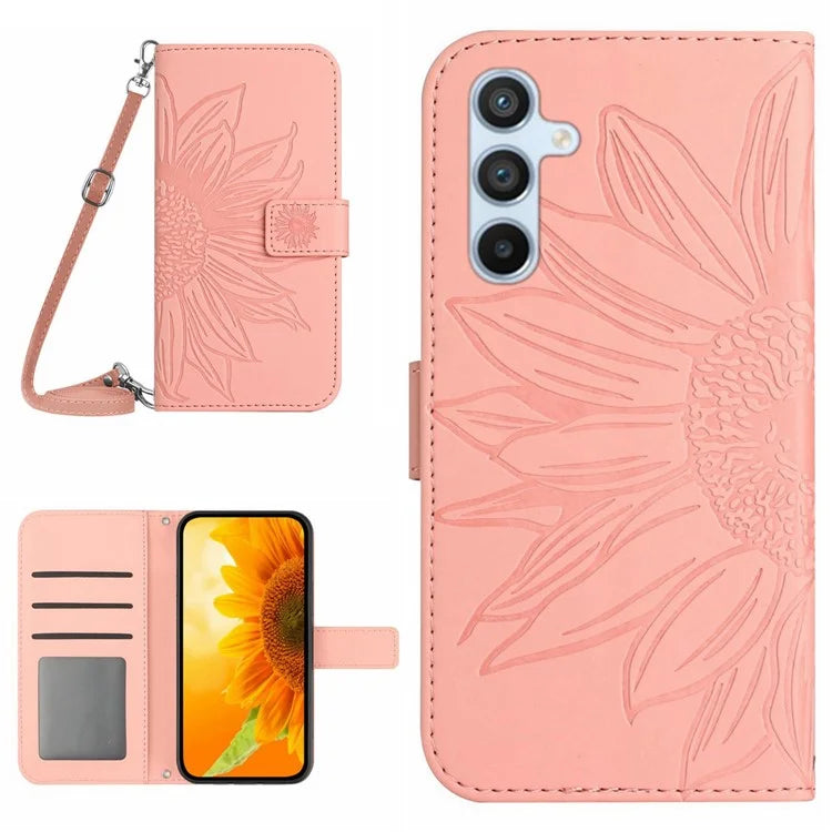HT04 For Samsung Galaxy M55 5G / C55 5G / F55 5G Case Sunflower PU Leather+TPU Phone Cover with Shoulder Strap