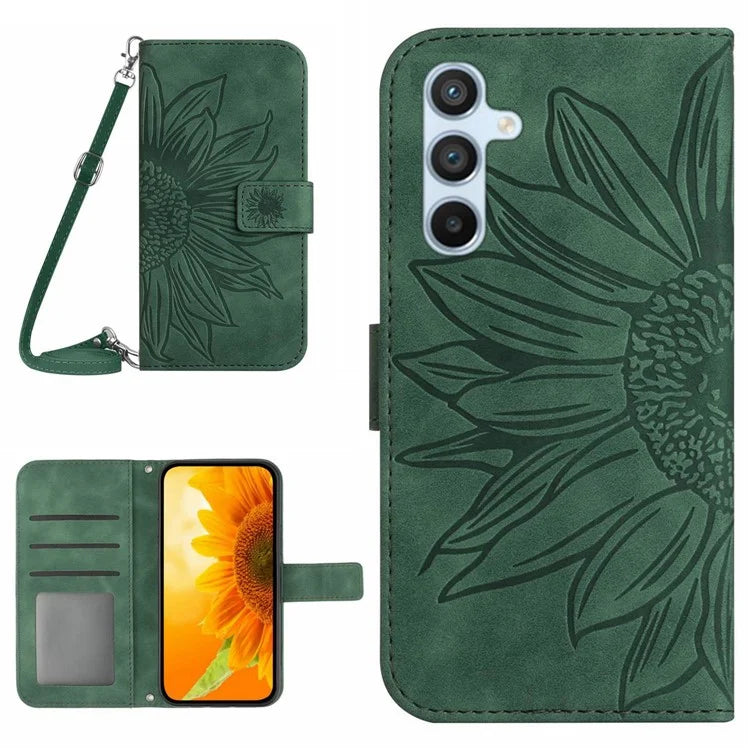 HT04 For Samsung Galaxy M55 5G / C55 5G / F55 5G Case Sunflower PU Leather+TPU Phone Cover with Shoulder Strap