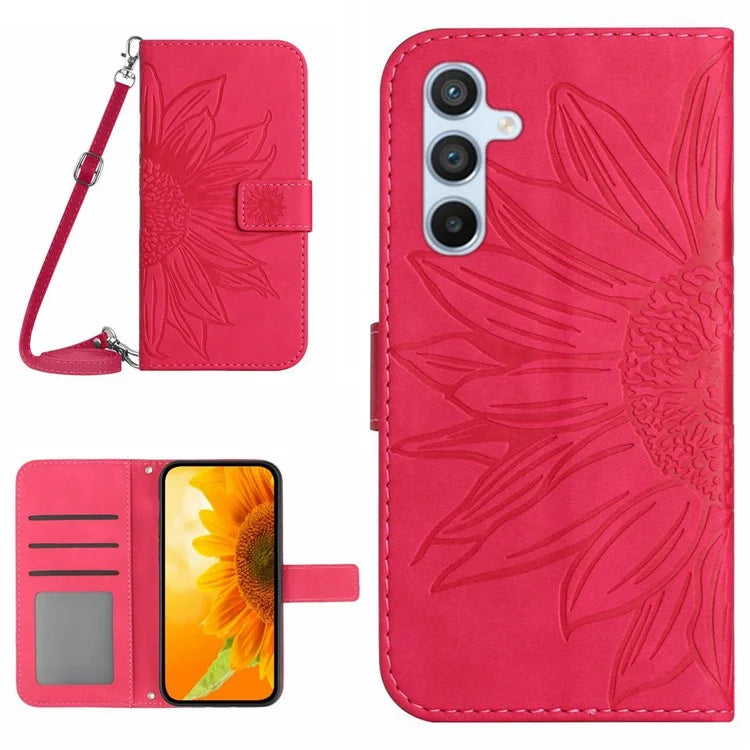 HT04 For Samsung Galaxy M55 5G / C55 5G / F55 5G Case Sunflower PU Leather+TPU Phone Cover with Shoulder Strap