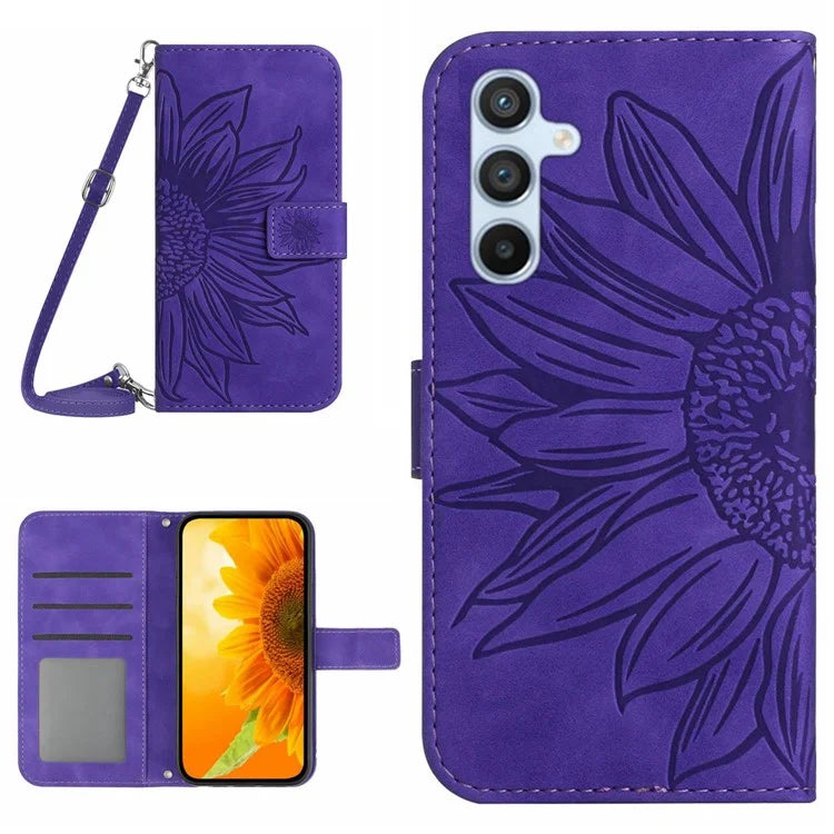 HT04 For Samsung Galaxy M55 5G / C55 5G / F55 5G Case Sunflower PU Leather+TPU Phone Cover with Shoulder Strap