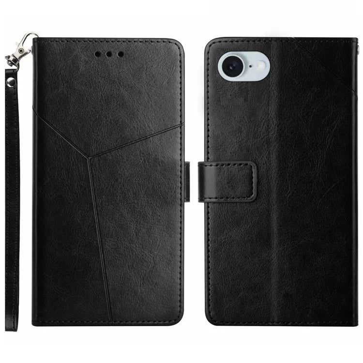 HT01 For iPhone SE (2024) Wallet Case Leather Flip Phone Cover Imprinted Y-shaped Lines