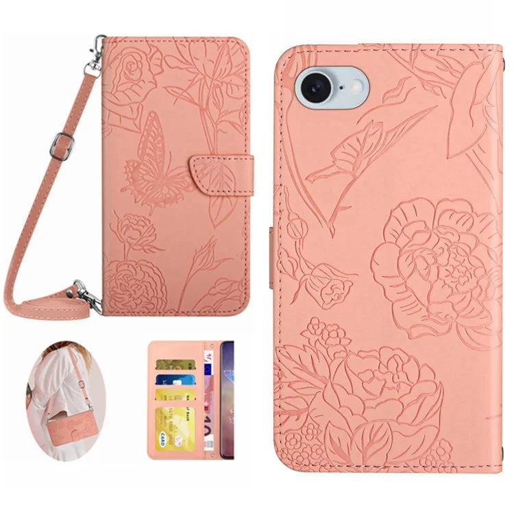 HT03 For iPhone SE (2024) Leather Case with Shoulder Strap Butterfly Wallet Phone Cover