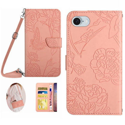 HT03 For iPhone SE (2024) Leather Case with Shoulder Strap Butterfly Wallet Phone Cover