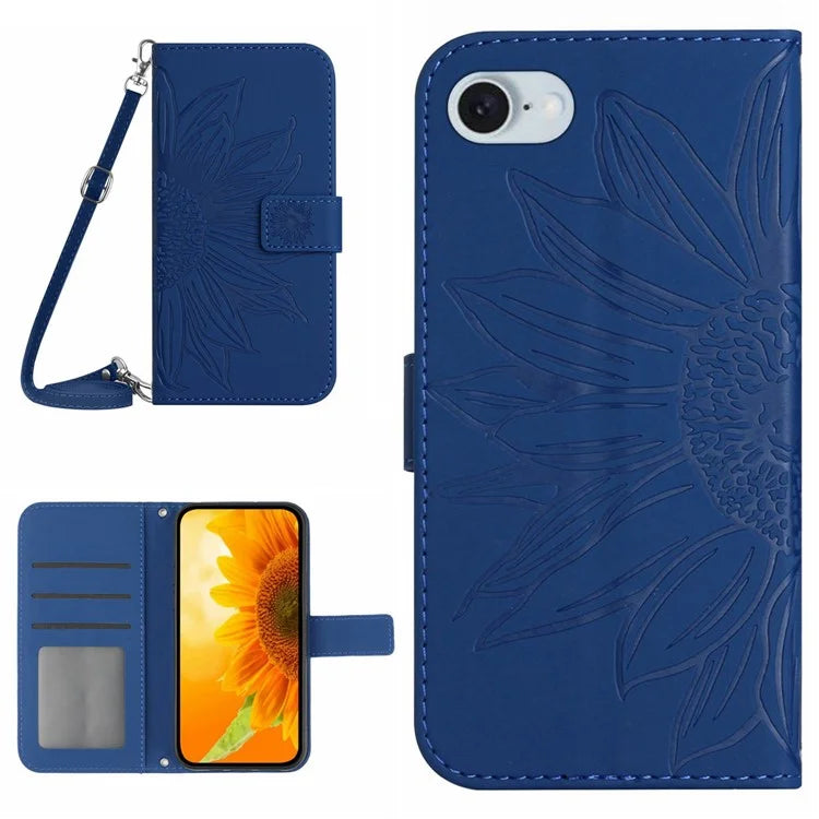 HT04 For iPhone SE (2024) Case Sunflower PU Leather+TPU Phone Cover with Shoulder Strap