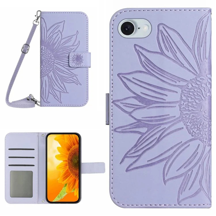 HT04 For iPhone SE (2024) Case Sunflower PU Leather+TPU Phone Cover with Shoulder Strap