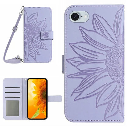 HT04 For iPhone SE (2024) Case Sunflower PU Leather+TPU Phone Cover with Shoulder Strap