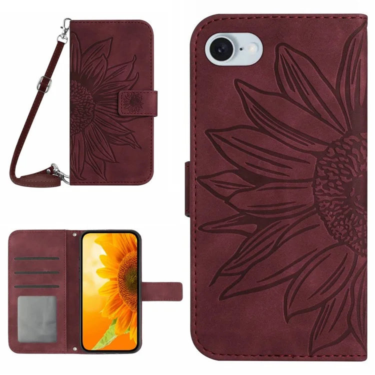 HT04 For iPhone SE (2024) Case Sunflower PU Leather+TPU Phone Cover with Shoulder Strap