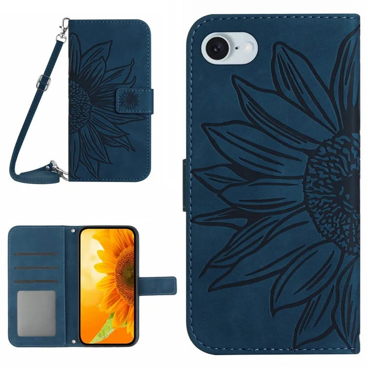 HT04 For iPhone SE (2024) Case Sunflower PU Leather+TPU Phone Cover with Shoulder Strap