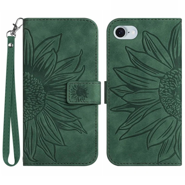 HT04 For iPhone SE (2024) Case with Wrist Strap Sunflower Pattern Phone Wallet Cover