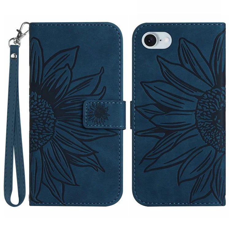 HT04 For iPhone SE (2024) Case with Wrist Strap Sunflower Pattern Phone Wallet Cover