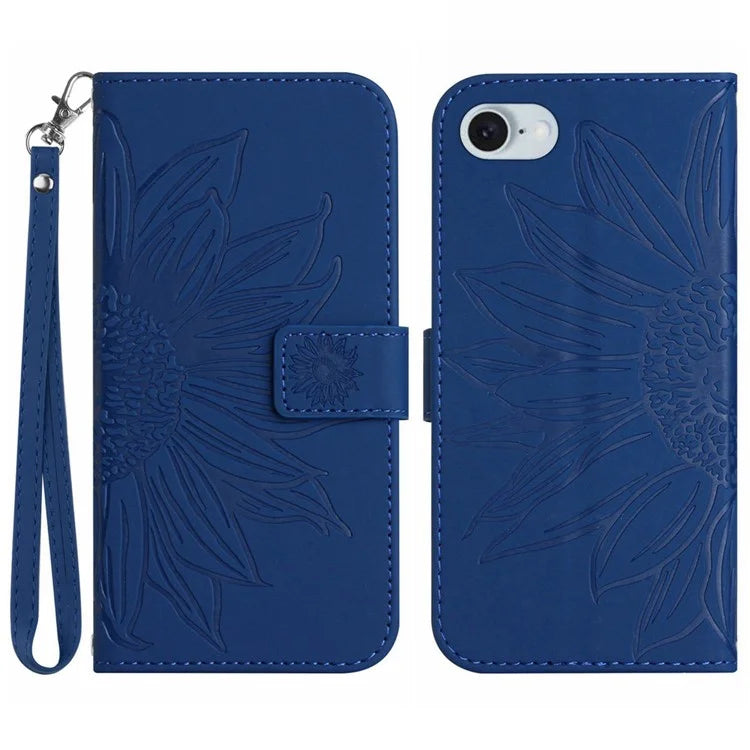 HT04 For iPhone SE (2024) Case with Wrist Strap Sunflower Pattern Phone Wallet Cover