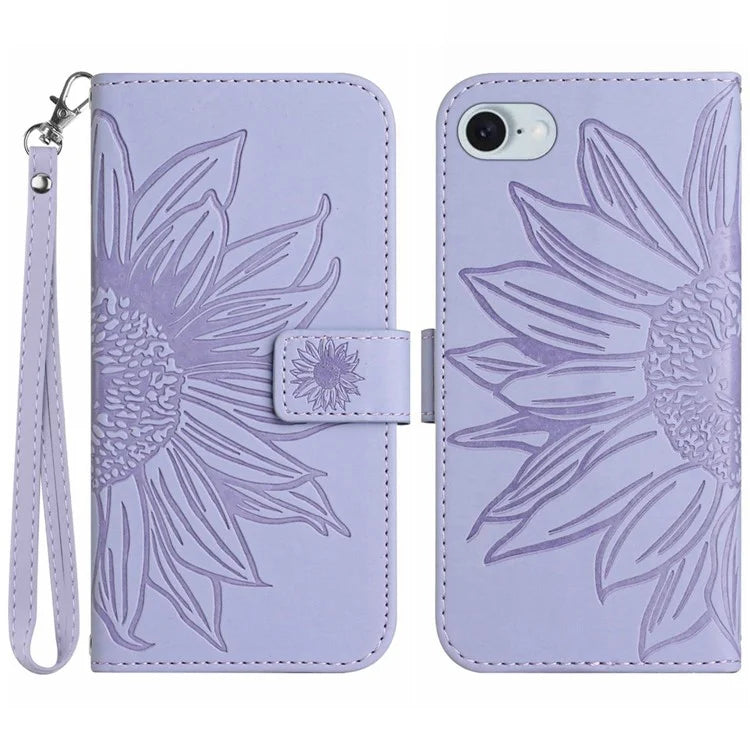 HT04 For iPhone SE (2024) Case with Wrist Strap Sunflower Pattern Phone Wallet Cover