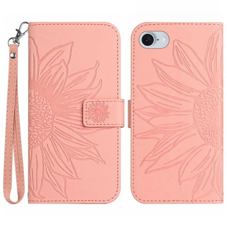 HT04 For iPhone SE (2024) Case with Wrist Strap Sunflower Pattern Phone Wallet Cover