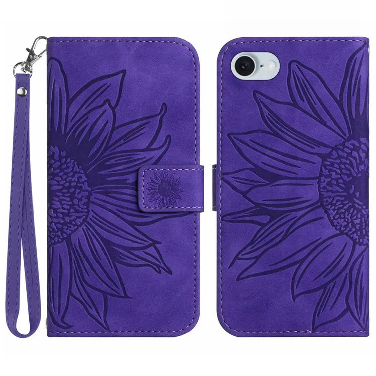 HT04 For iPhone SE (2024) Case with Wrist Strap Sunflower Pattern Phone Wallet Cover