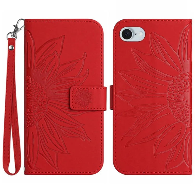 HT04 For iPhone SE (2024) Case with Wrist Strap Sunflower Pattern Phone Wallet Cover